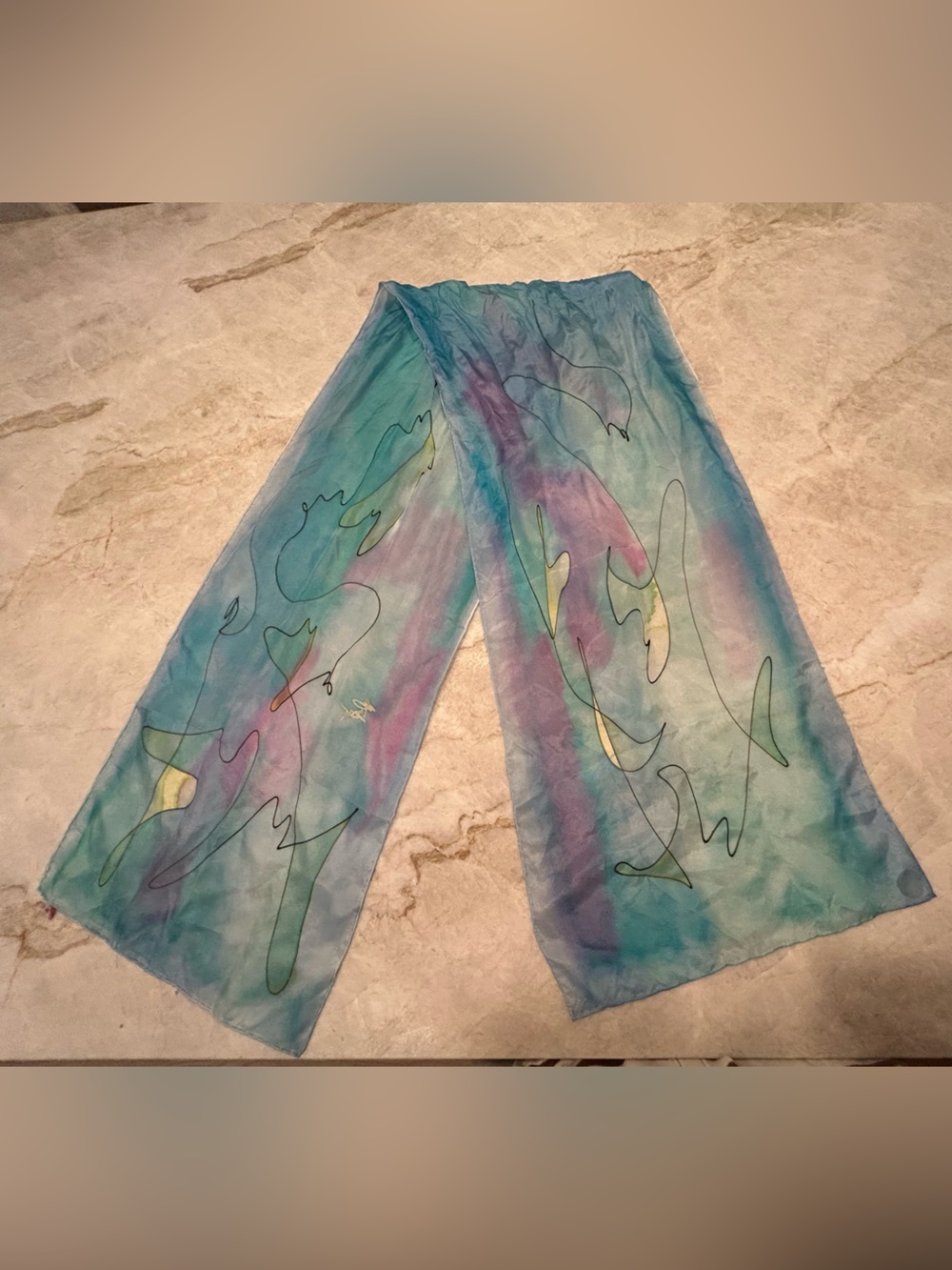 Vintage Artisan Signed 100% Silk Abstract Scarf Wrap Watercolor Line Art Blue